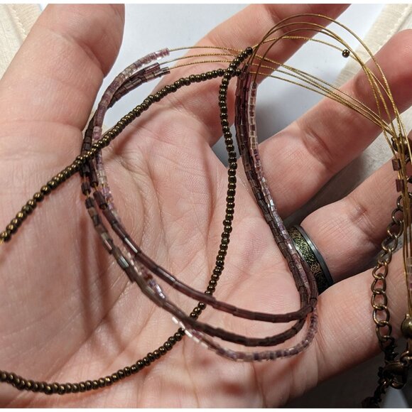 Simple Layered Brown And Purple Glass Beaded Necklace - Picture 3 of 6